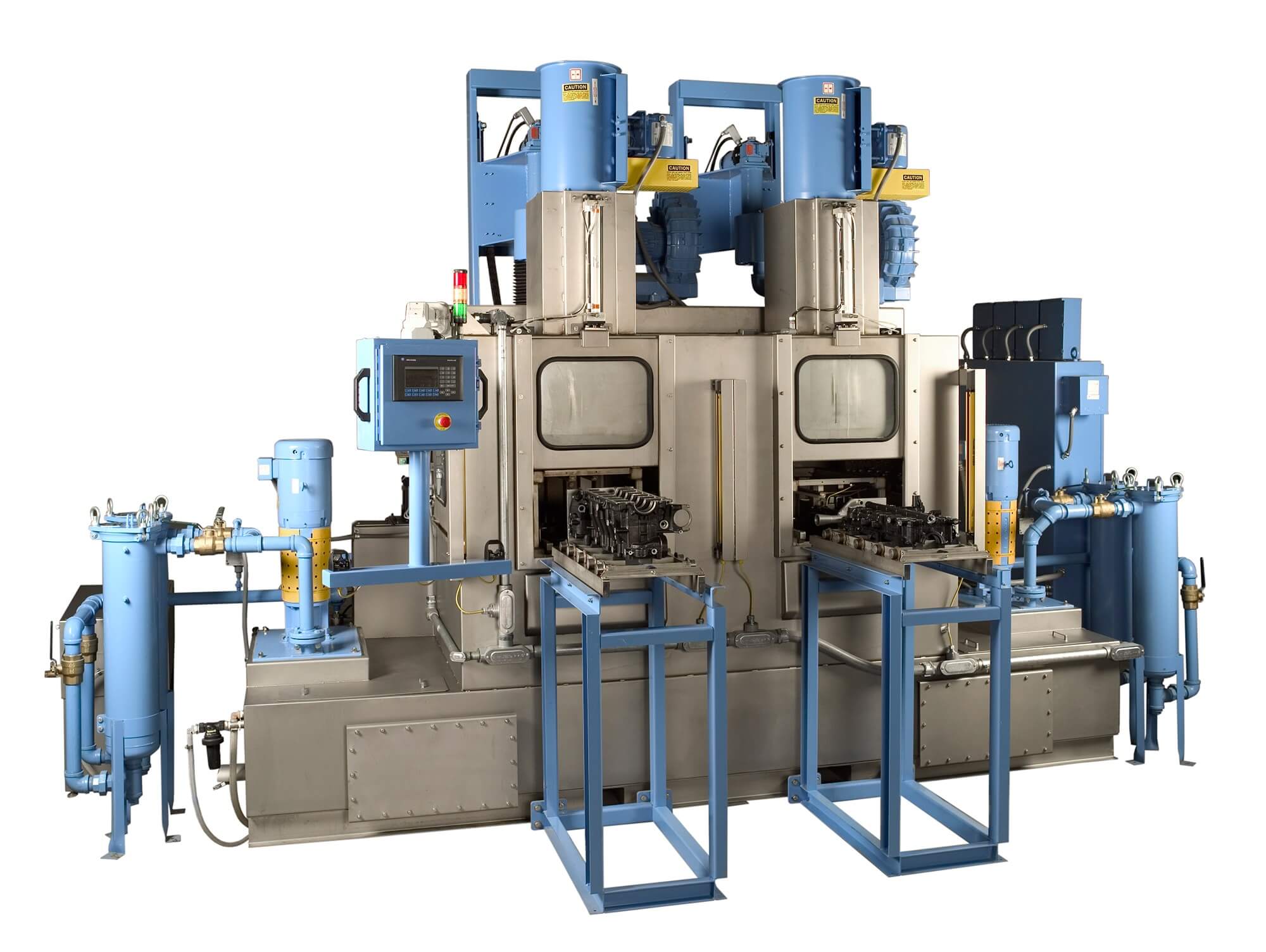 Industrial aqueous ammonia system with transfer pumps, filtration vessels and control panel prepared for an aqueous ammonia pump out