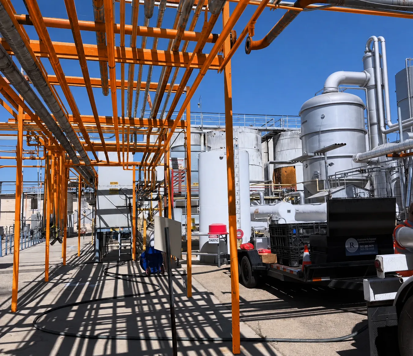 REST LLC equipment on site beneath orange ammonia piping at a California industrial facility