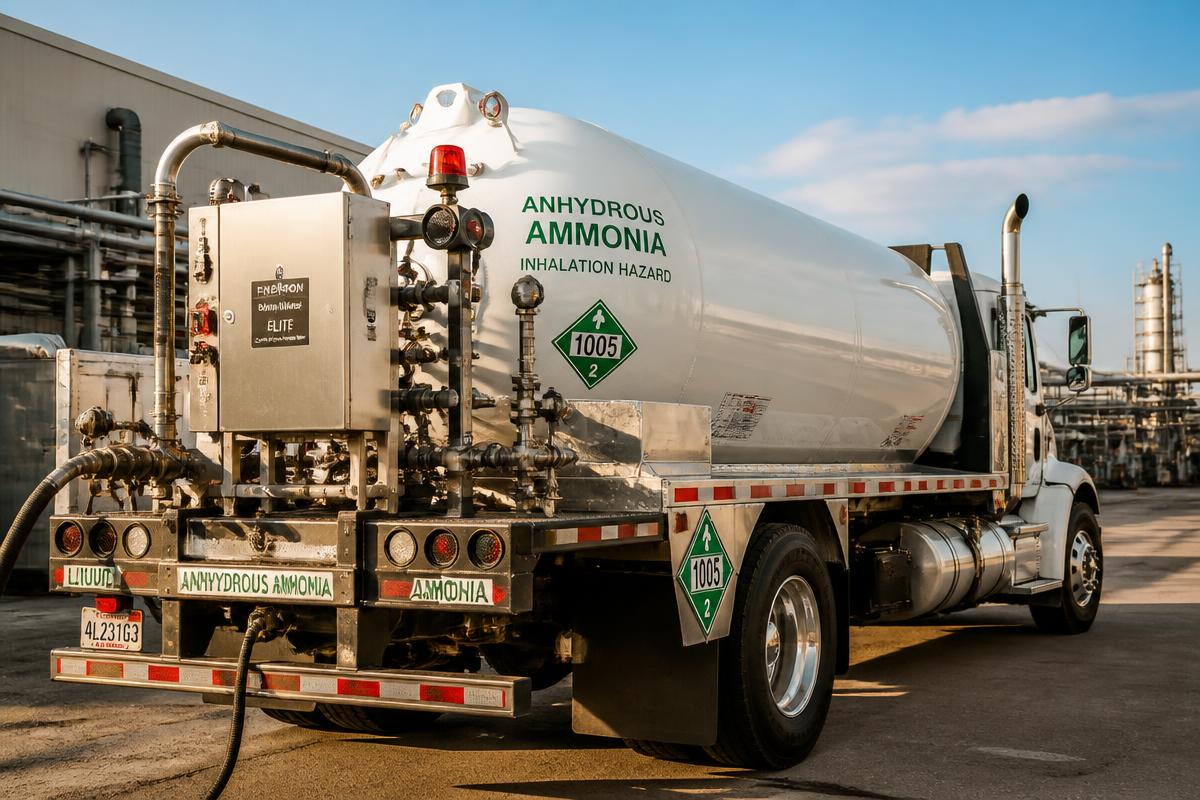 Metered anhydrous ammonia cargo tank delivery truck with meter cabinet, valve manifold and transfer hoses at a California industrial plant