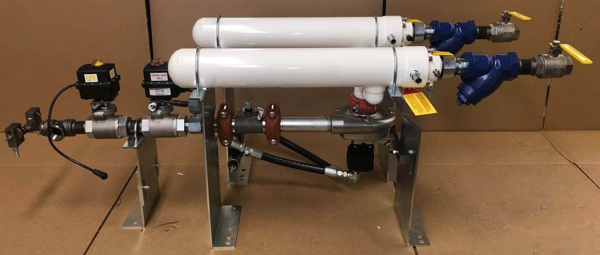Skid-mounted anhydrous liquid and vapor pump out unit with actuated control valves and strainers used for anhydrous ammonia recovery in California