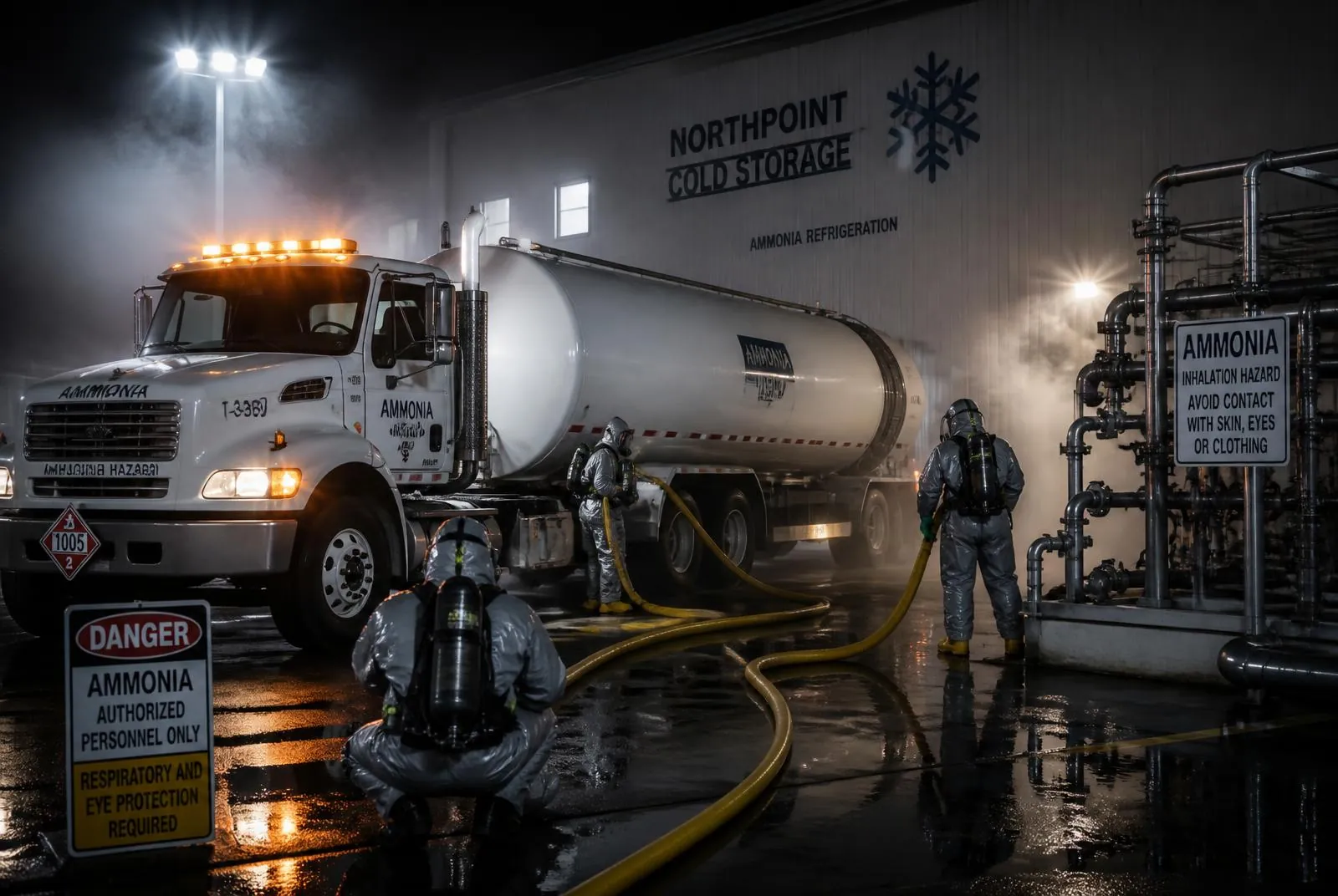 REST LLC hazmat technicians in protective suits and SCBA transferring ammonia from a cold storage facility at night during an emergency response