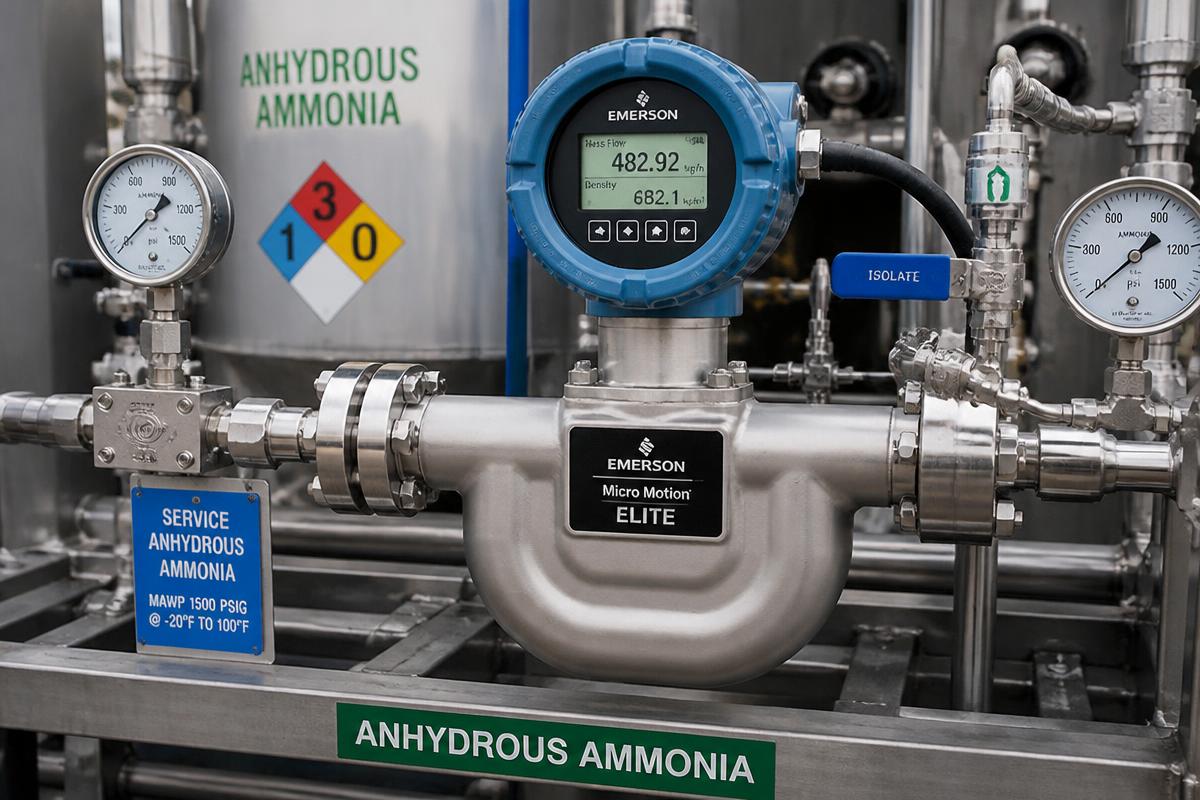 Coriolis mass flow meter and stainless steel metering skid with digital transmitter and pressure gauges on an anhydrous ammonia transfer system