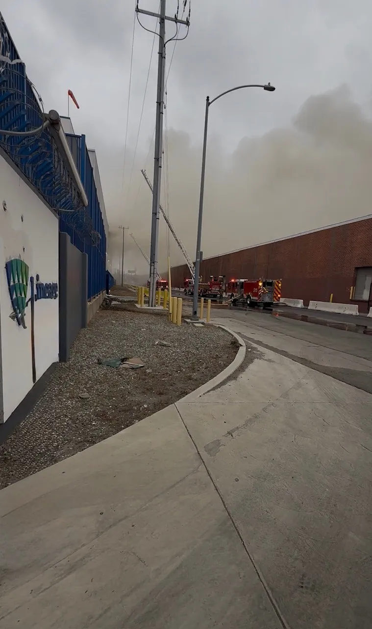 Ammonia vapor drifting between warehouse buildings with LAFD engines staged in the distance