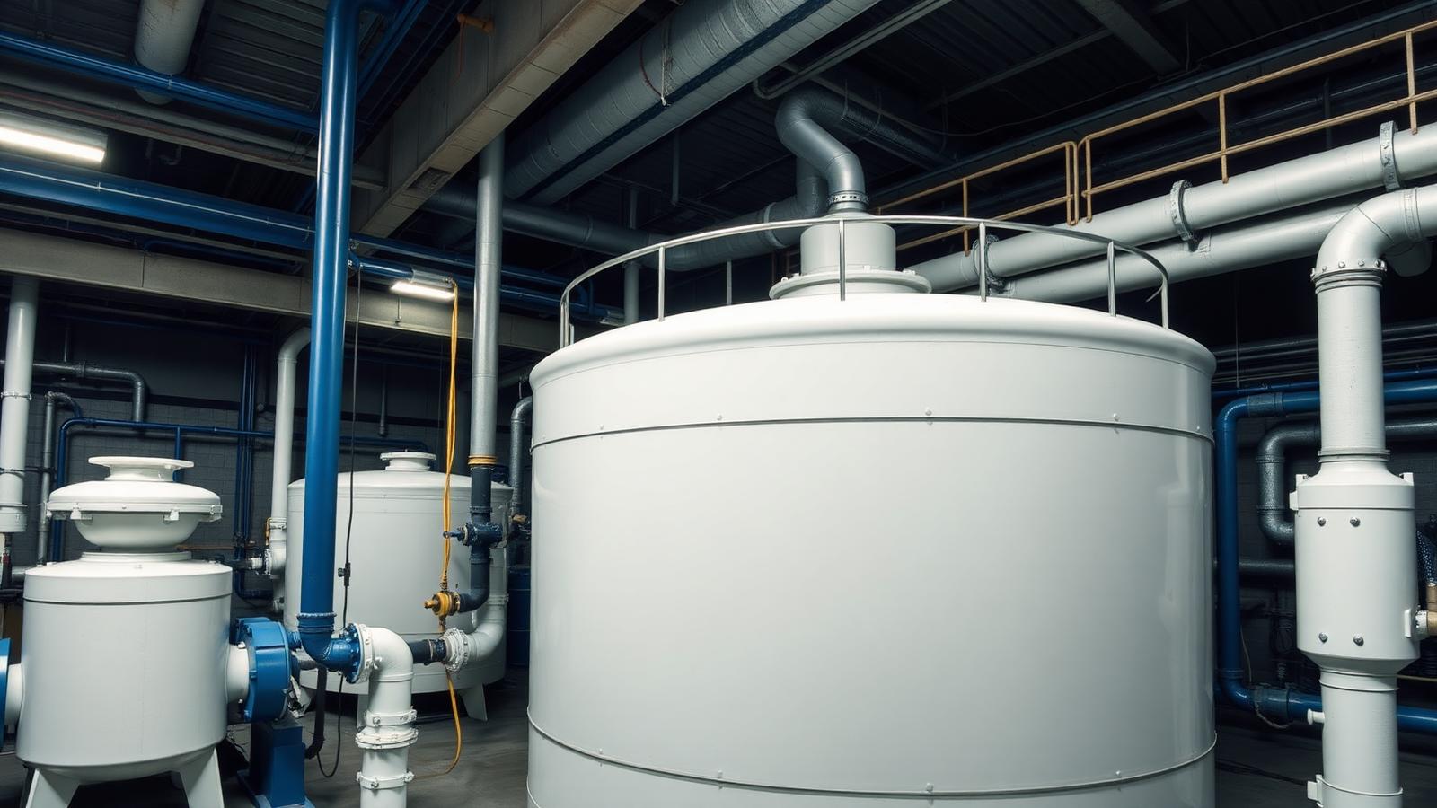 Aqueous ammonia storage tank and transfer pump system inside a California water treatment plant