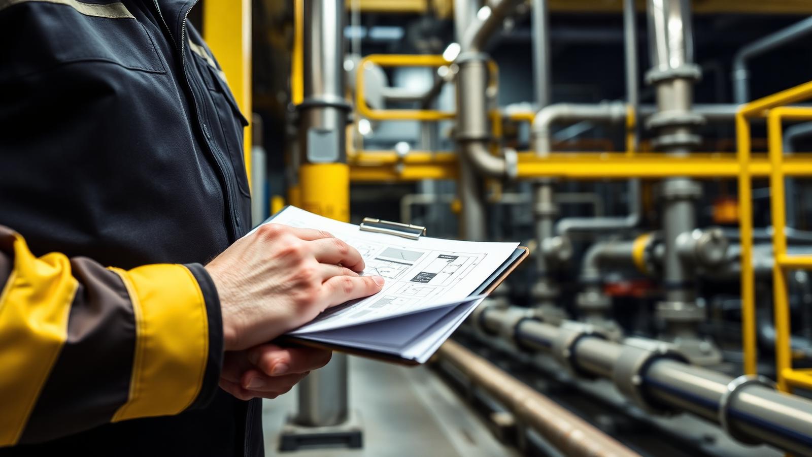 Engineer reviewing ammonia system schematics beside industrial piping
