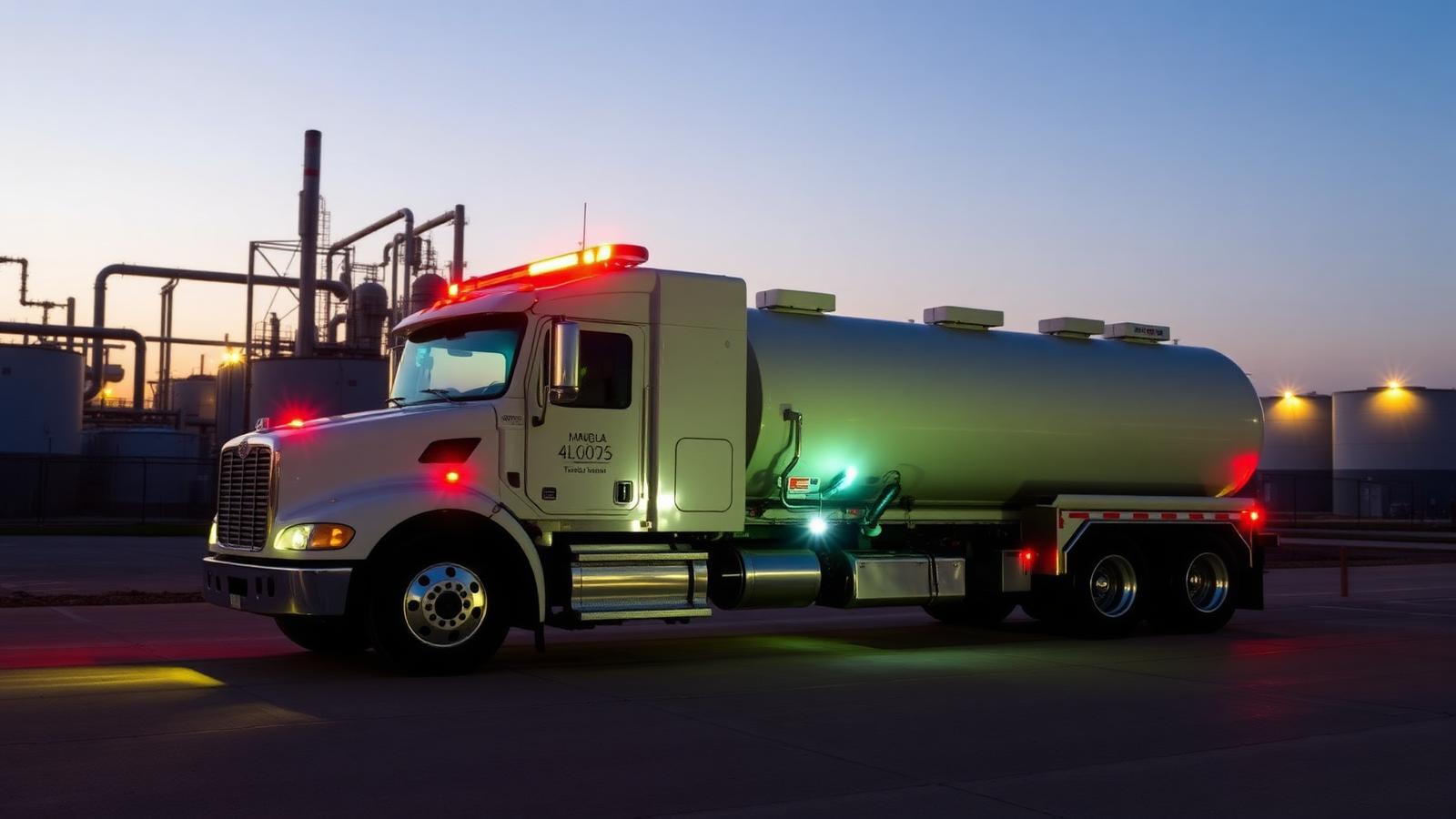 Ammonia transfer tanker truck at an industrial facility at dusk