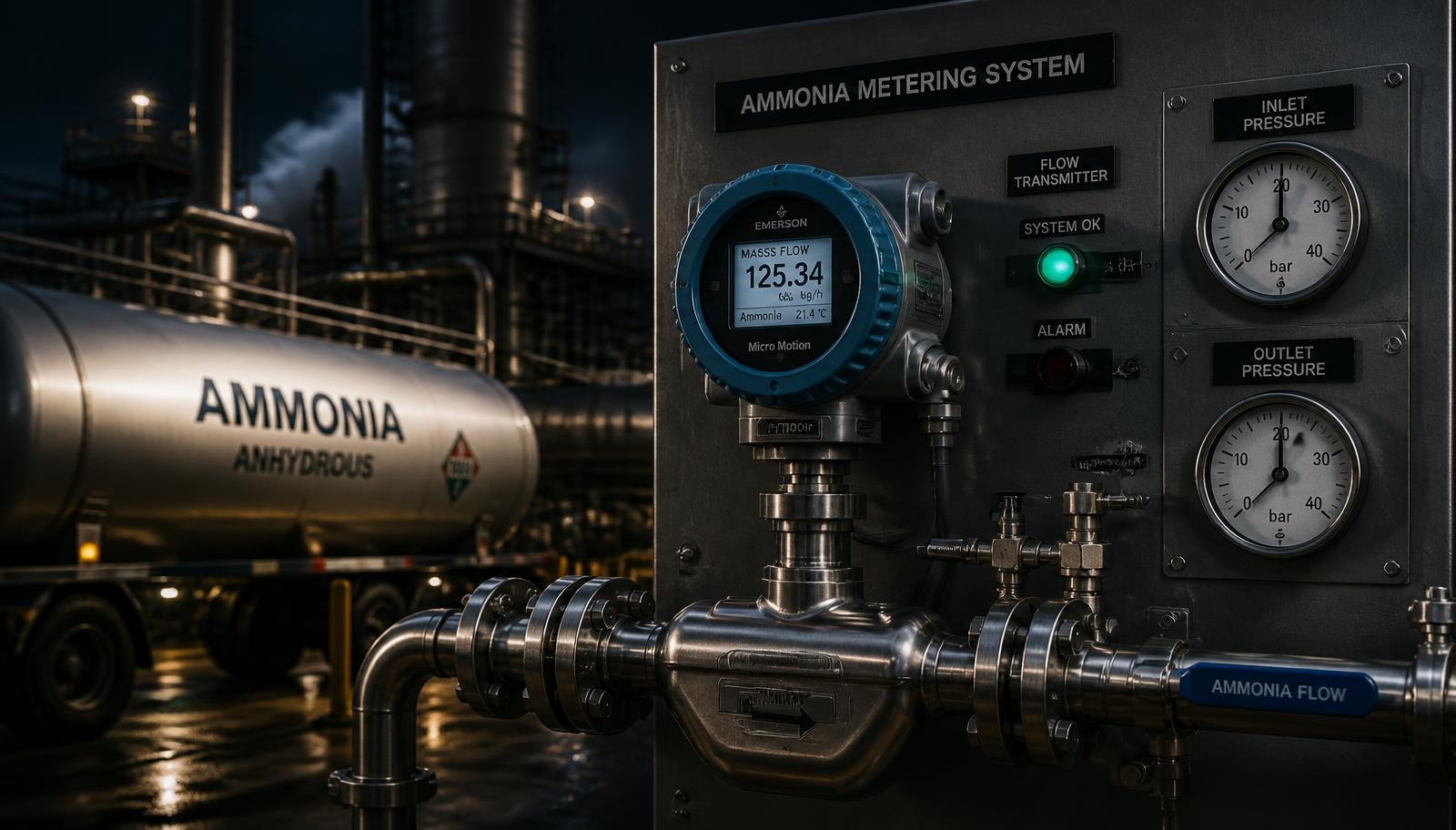 Ammonia metering system control panel with Coriolis mass flow transmitter and pressure gauges at an industrial site