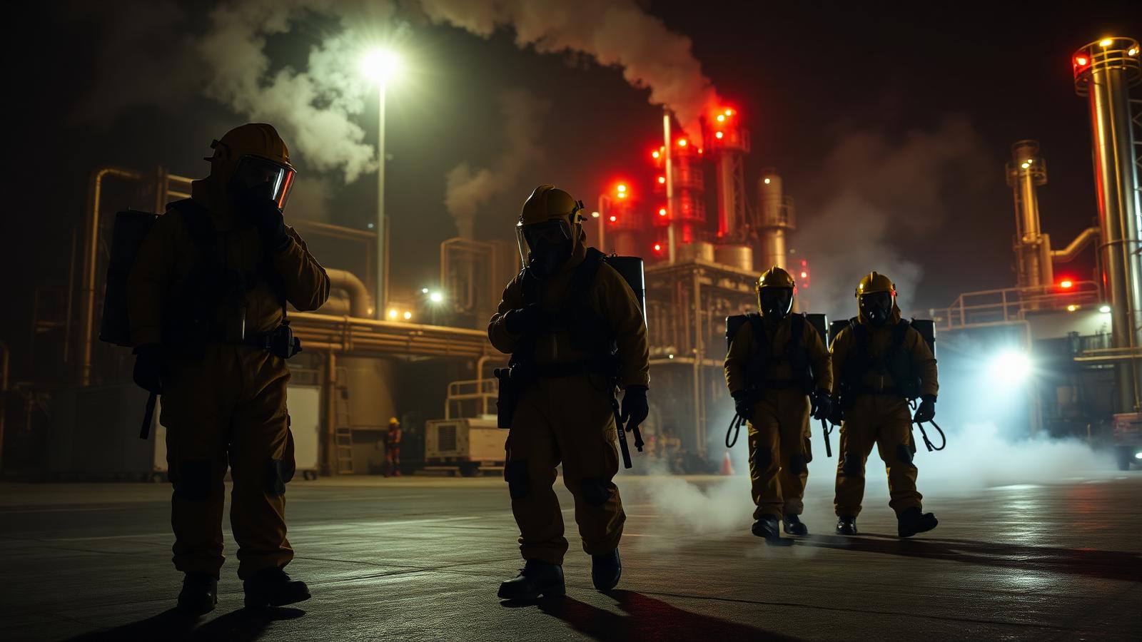 REST LLC hazmat technicians responding to an ammonia release at an industrial plant at night