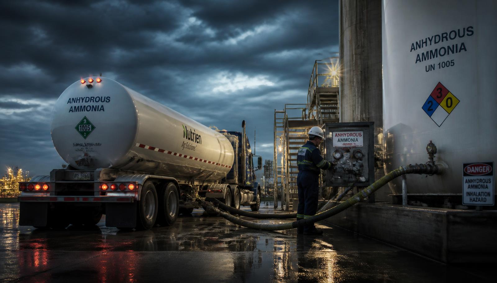 Metered anhydrous ammonia delivery truck transferring bulk product into a plant storage tank at dusk