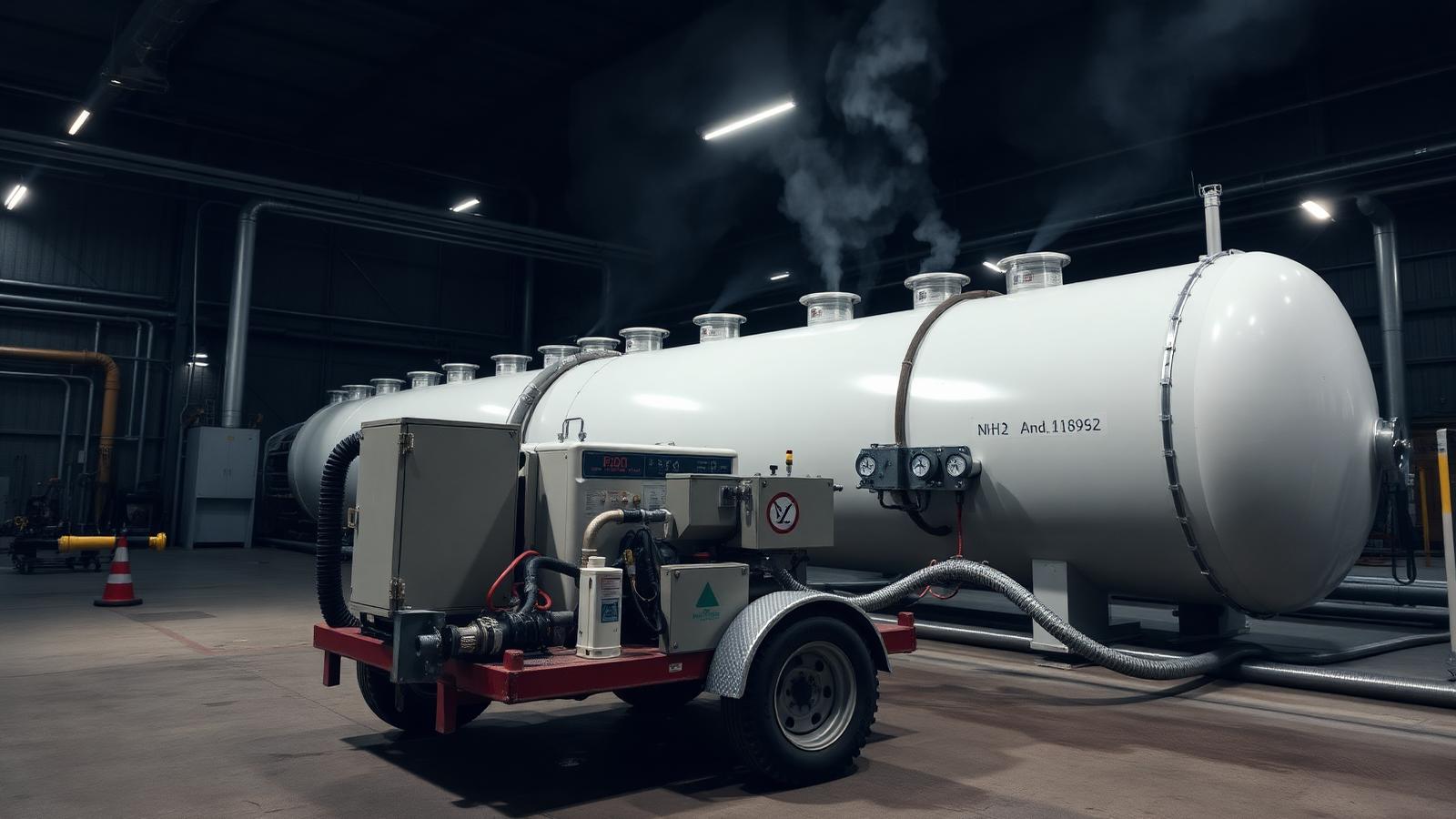 anhydrous liquid and vapor pump out skid connected to a large anhydrous ammonia receiver vessel
