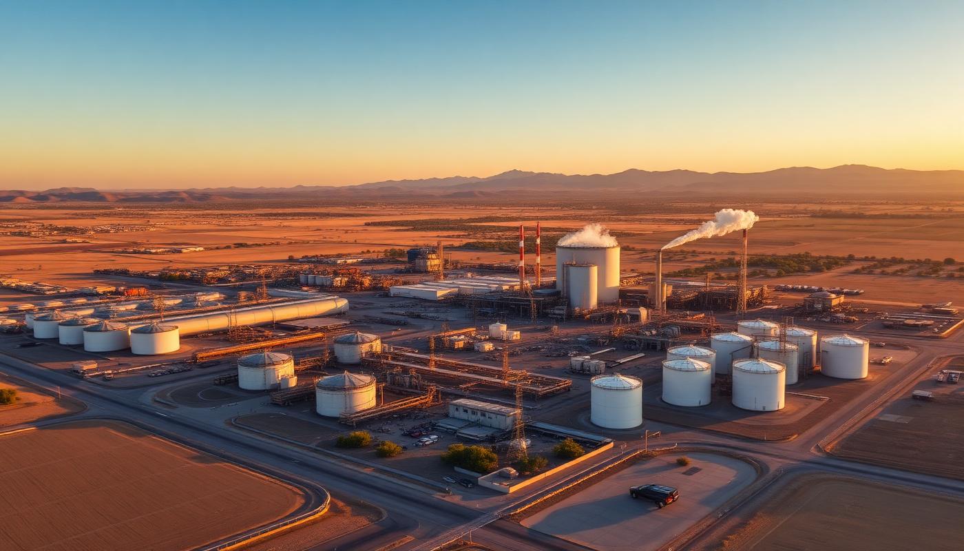 Aerial view of a California industrial facility with ammonia storage tanks